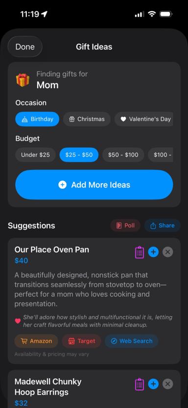 GiftPilot gift ideas screen