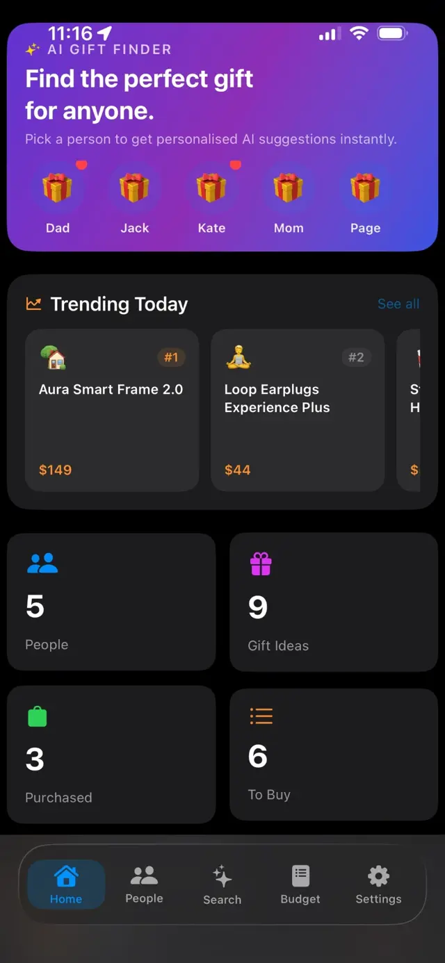 GiftPilot home screen